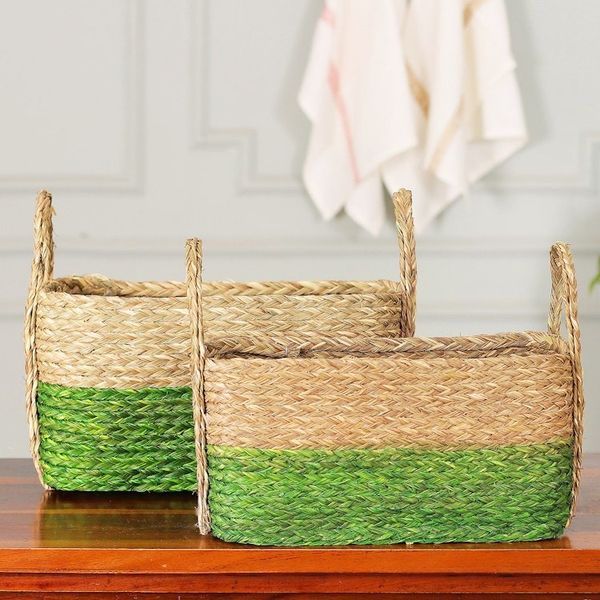 Alternate image for Handwoven Set of 2 Green and Beige Sabai Grass Fiber Baskets Green Call