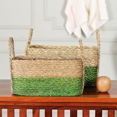 Alternate image for Handwoven Set of 2 Green and Beige Sabai Grass Fiber Baskets Green Call