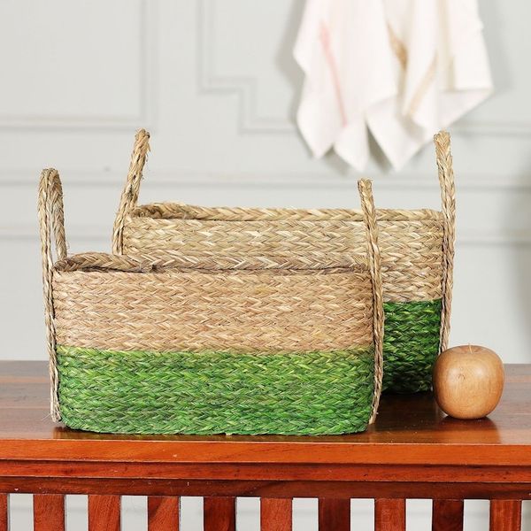Alternate image for Handwoven Set of 2 Green and Beige Sabai Grass Fiber Baskets Green Call