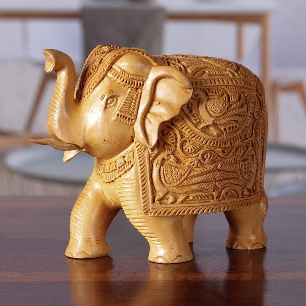Traditional Regal Kadam Wood Elephant Sculpture from India 'Maharaja's Majesty'