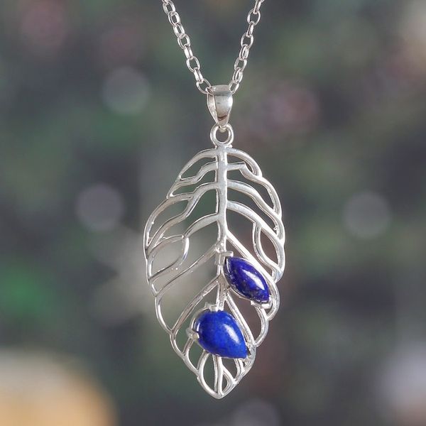 Alternate image for Sylvan-Themed Lapis Lazuli Cabochon Leaf Pendant Necklace Leaf of Truth