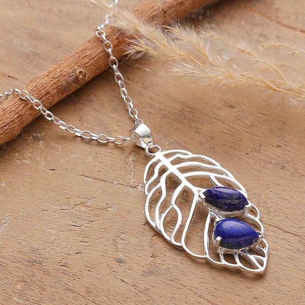 Alternate image for Sylvan-Themed Lapis Lazuli Cabochon Leaf Pendant Necklace Leaf of Truth