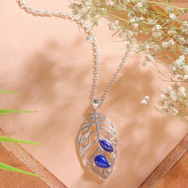 Alternate image for Sylvan-Themed Lapis Lazuli Cabochon Leaf Pendant Necklace Leaf of Truth