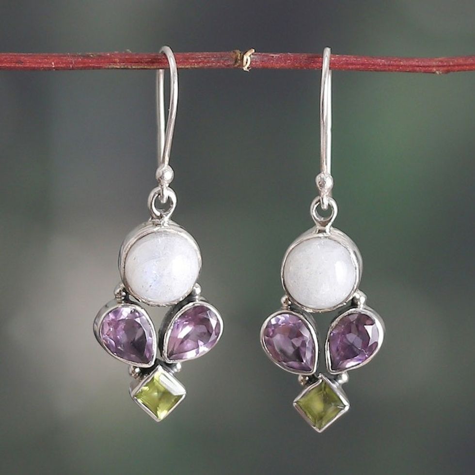 Rainbow Moonstone Amethyst Peridot Silver Dangle Earrings 'Glamorous Harmony'