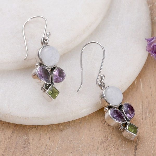 Alternate image for Rainbow Moonstone Amethyst Peridot Silver Dangle Earrings Glamorous Harmony