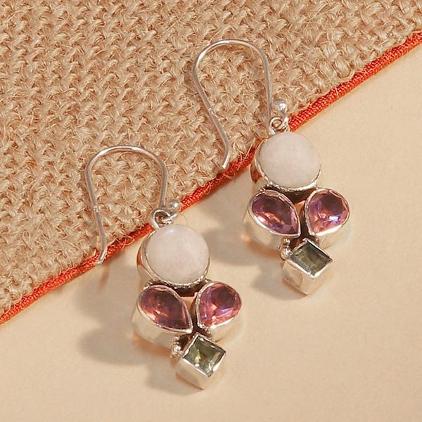 Alternate image for Rainbow Moonstone Amethyst Peridot Silver Dangle Earrings Glamorous Harmony