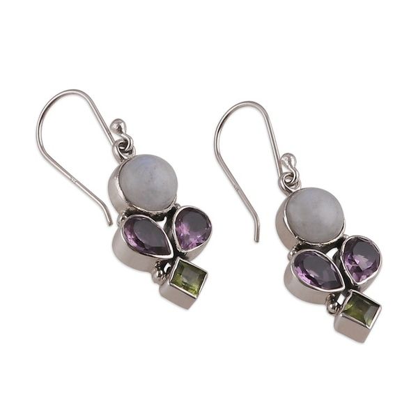 Alternate image for Rainbow Moonstone Amethyst Peridot Silver Dangle Earrings Glamorous Harmony
