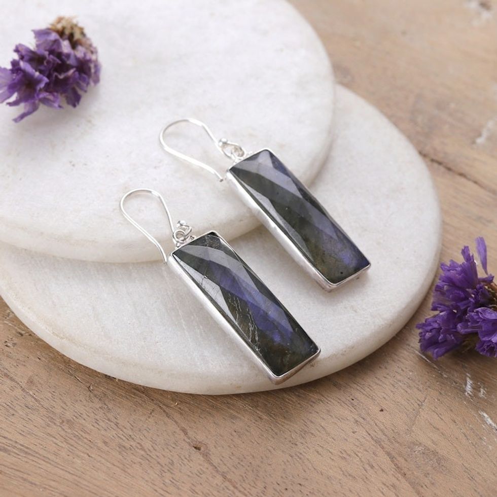 Polished 28-Carat Checkerboard Labradorite Dangle Earrings 'Idol of Clarity'