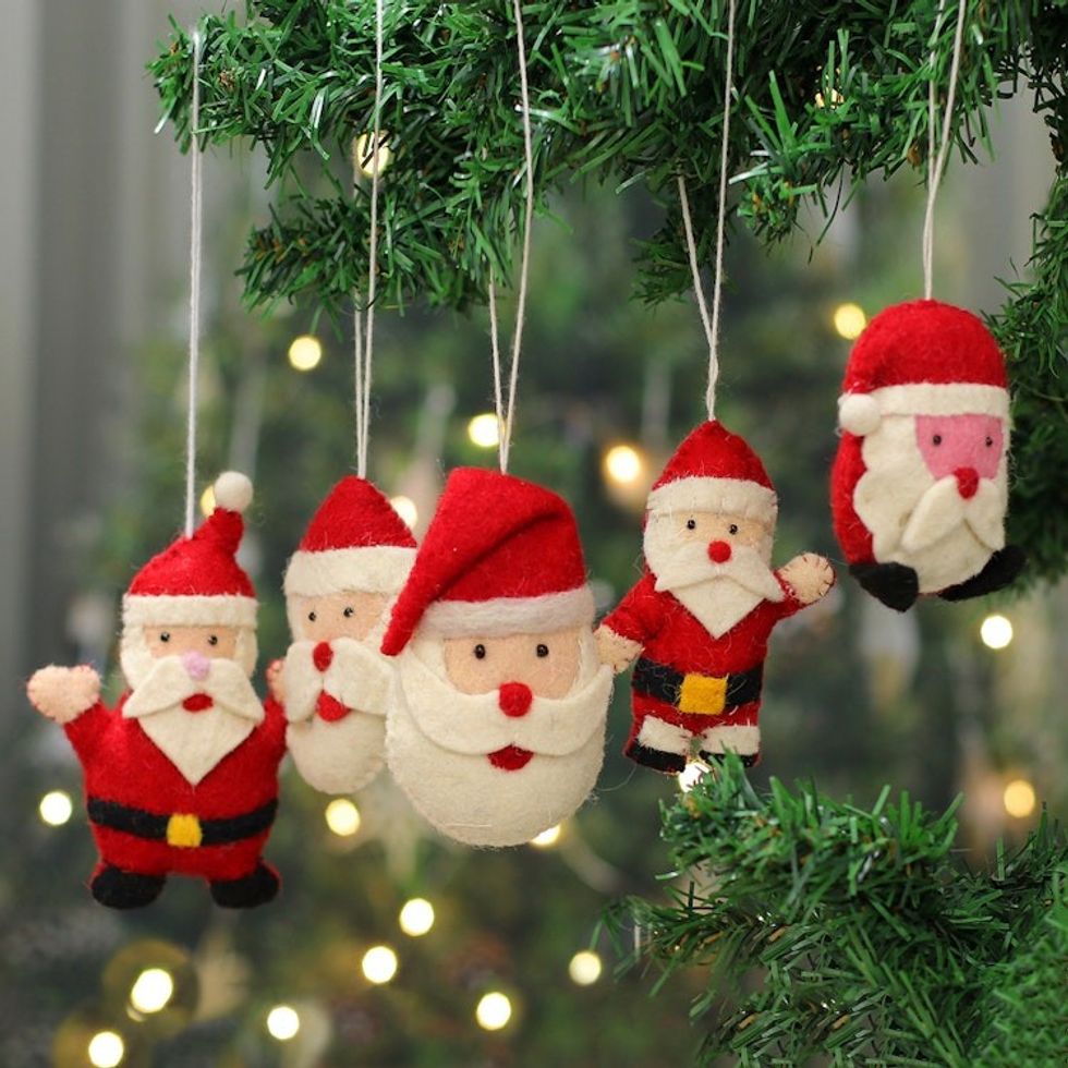 Santa Claus-Themed 5-Piece Wool Felt Ornament Set from India 'Santa Facets'