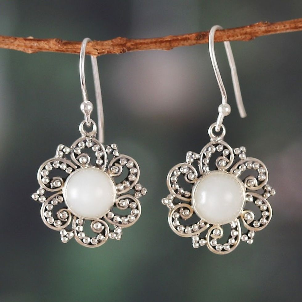 Heavenly Floral Natural Moonstone Dangle Earrings from India 'Celestial Blossom'