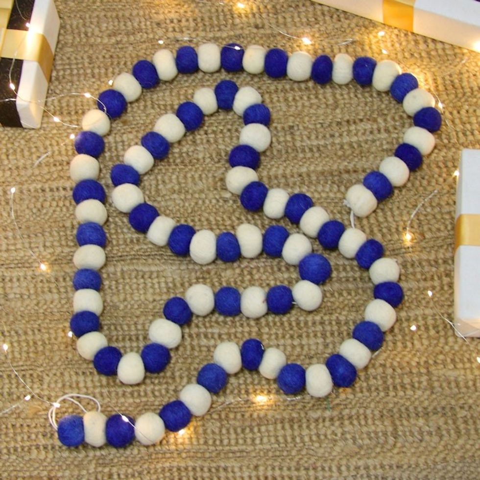 Artisan-Made Wool Felt Garland in Navy and Ivory Shades 'Navy Pompoms'