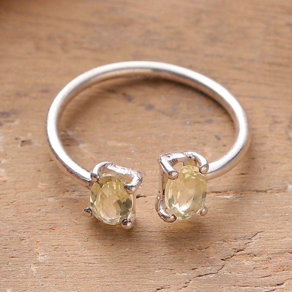 Sterling Silver Wrap Ring with Faceted Lemon Quartz Stones 'Twin Glow'