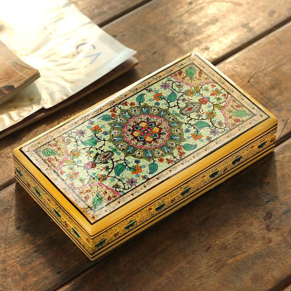 Jungle-Themed Green and Yellow Papier Mache Decorative Box 'Jungle Influence'