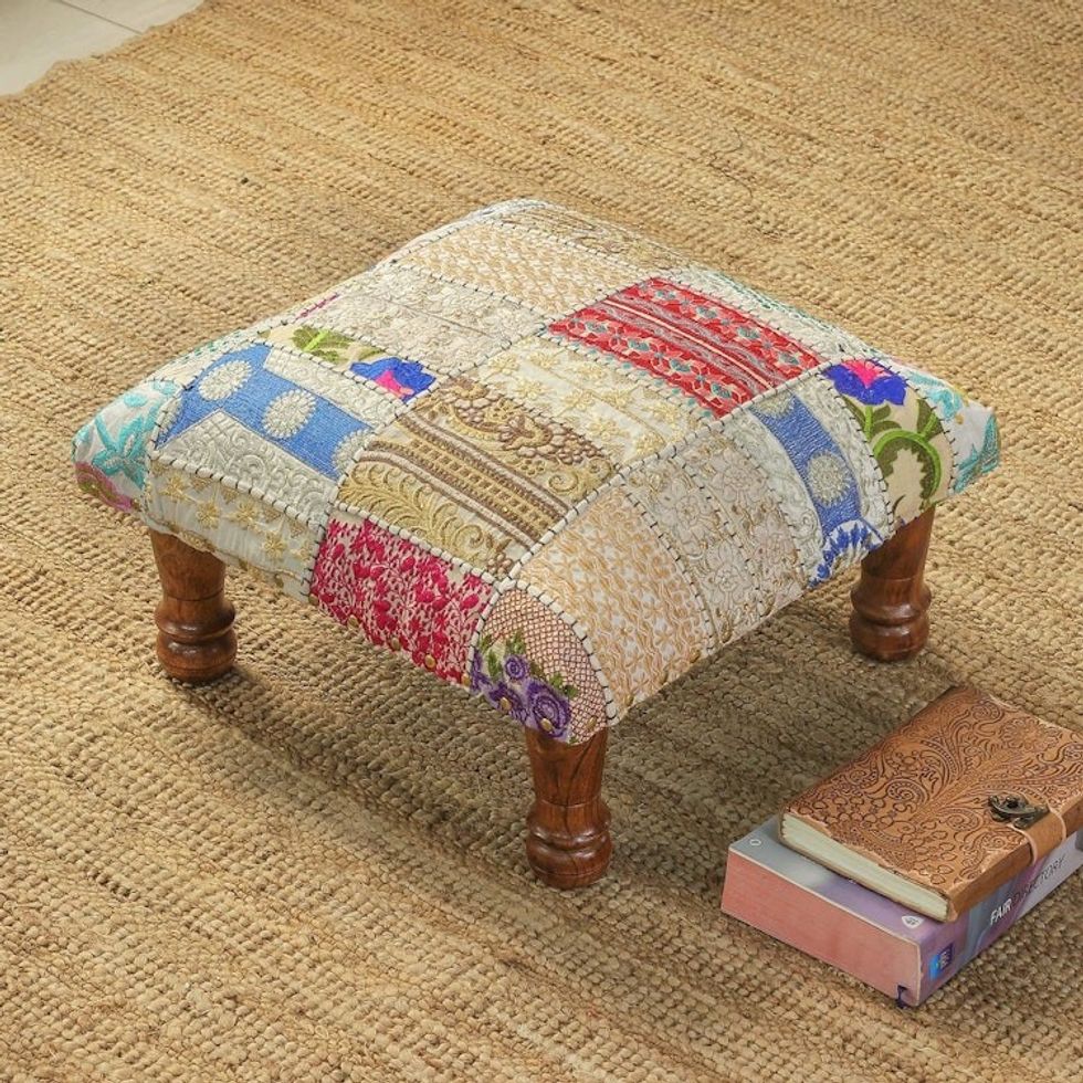 Indian Classic Patchwork Ottoman Footstool in Bright Hues 'Dreams from Paradise'