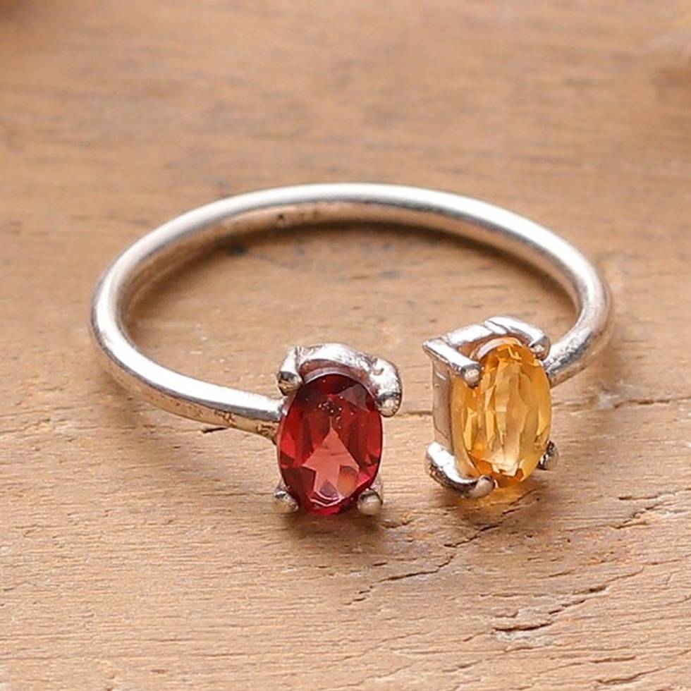 Modern Garnet Citrine Sterling Silver Wrap Ring from India 'Twin Glam'