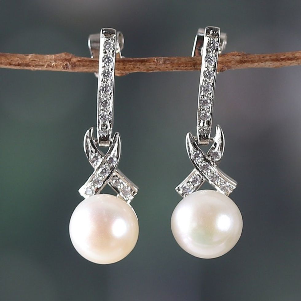 Indian Rhodium-Plated Natural Cream Pearl Dangle Earrings 'Oceanic Sparks'
