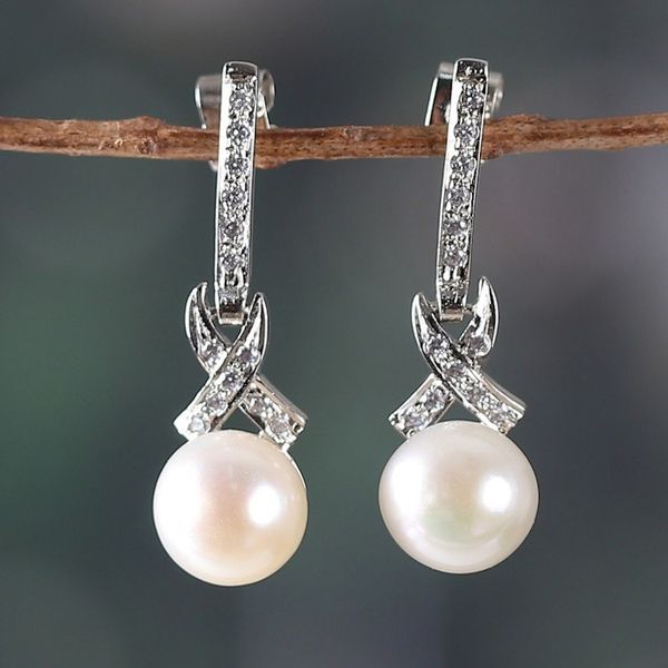 Alternate image for Indian Rhodium-Plated Natural Cream Pearl Dangle Earrings Oceanic Sparks