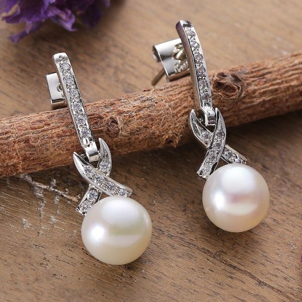 Alternate image for Indian Rhodium-Plated Natural Cream Pearl Dangle Earrings Oceanic Sparks