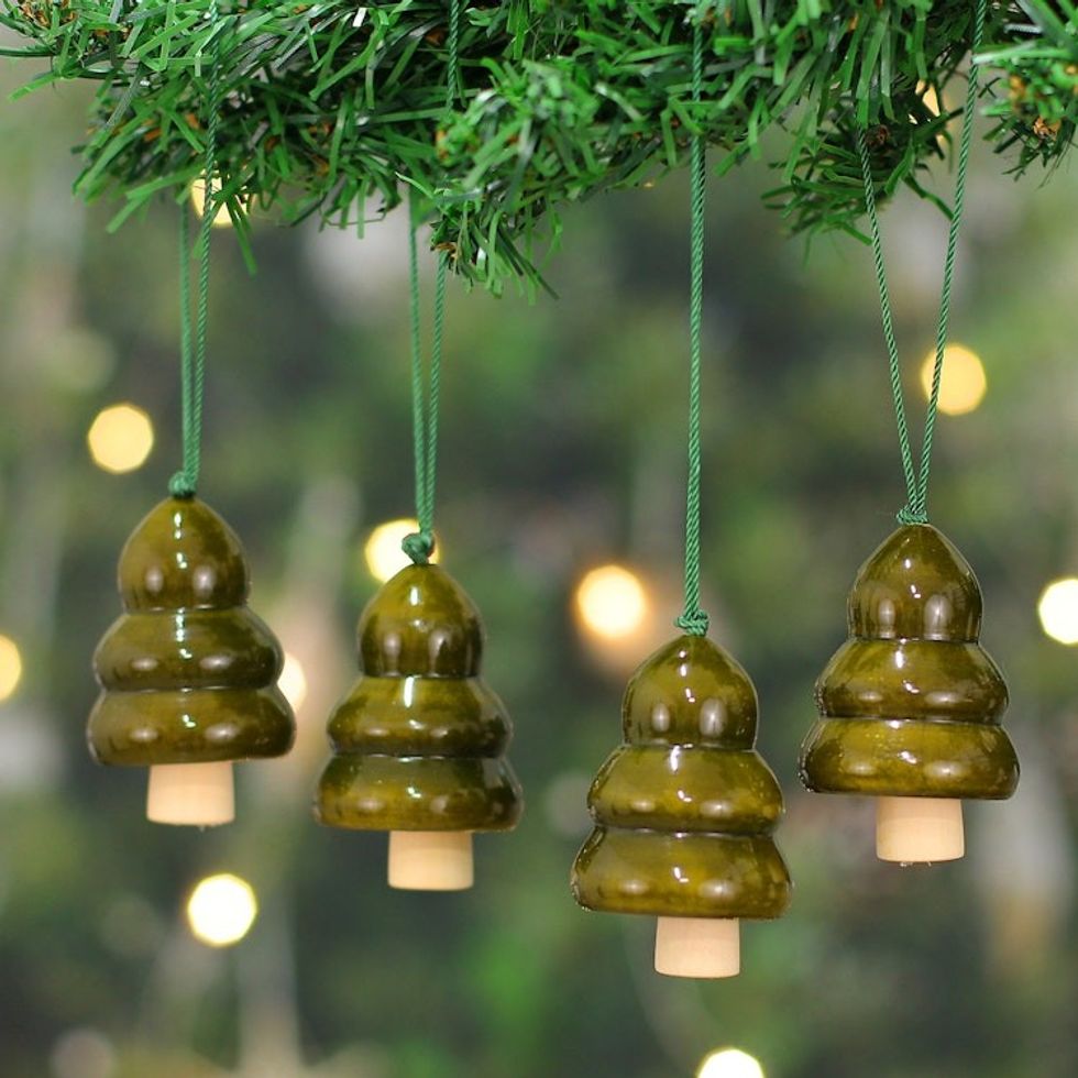Set of 4 Green Pala Indigo Wood Channapatna Tree Ornaments 'Green Jingle'