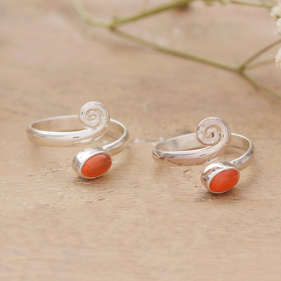 Pair of Polished Sterling Silver and Carnelian Toe Rings 'Sunset Curls'