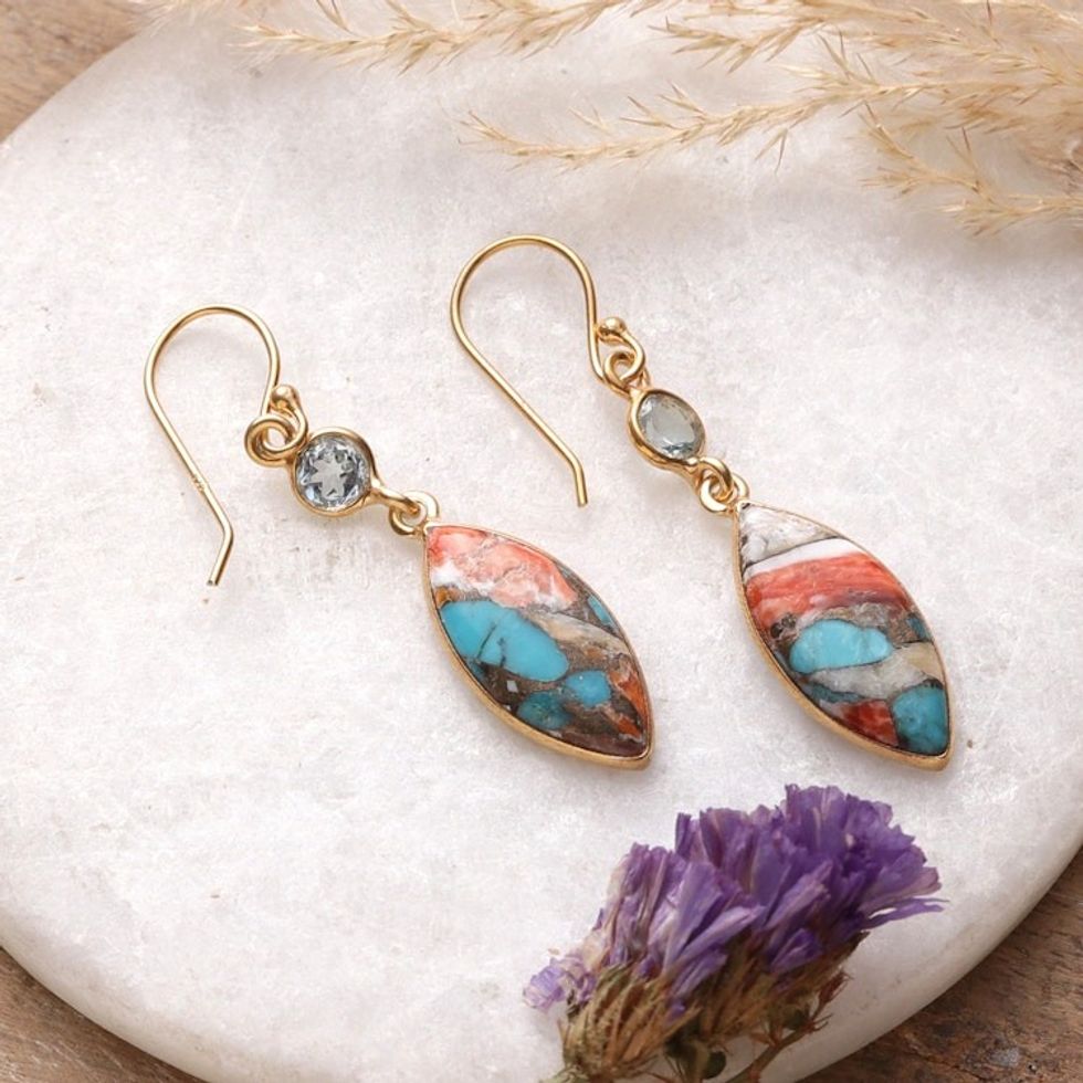 22k Gold-Plated Reconstituted Turquoise Blue Topaz Earrings 'Glam of the Beach'