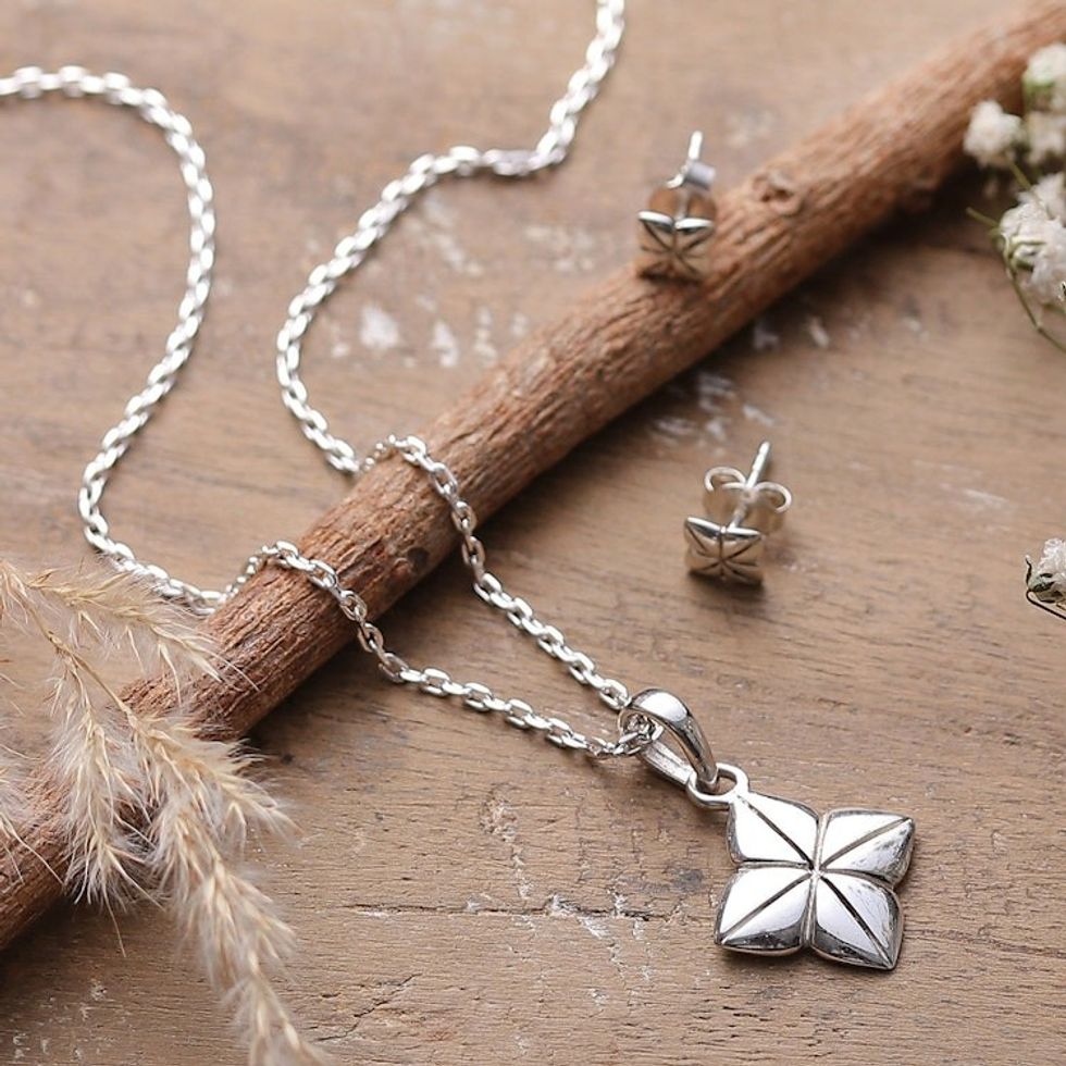 Silver Floral Pendant Necklace and Stud Earrings Jewelry Set 'Gentle Bloom'