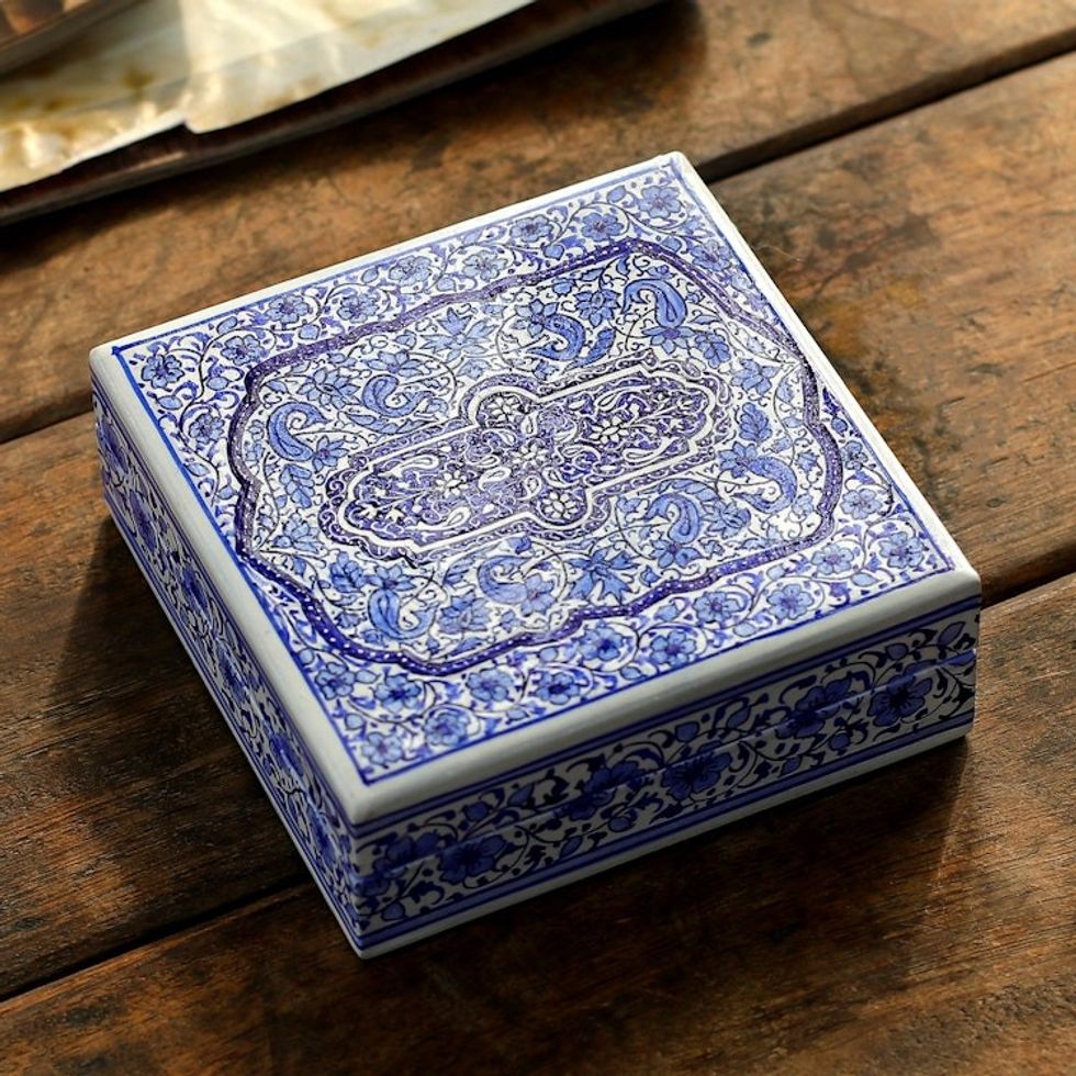 Blue White Hand-Painted Papier Mache on Wood Decorative Box 'Regal Bloom'