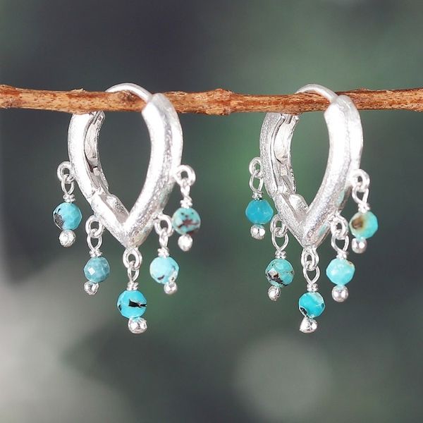Alternate image for Reconstituted Turquoise Sterling Silver Rain Hoop Earrings Dancing Raindrops