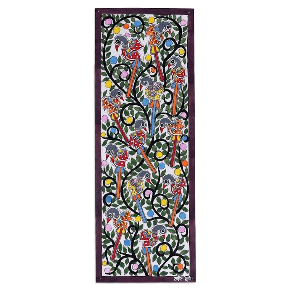 Artisan-Made Vegetable Dye Madhubani Painting of Peafowls 'Peafowls in Harmony'