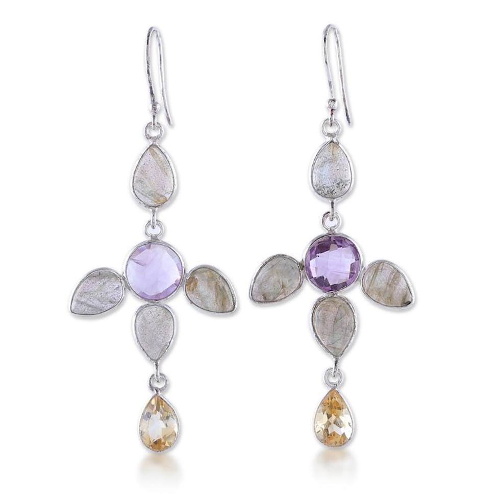 8-Carat Multi-Gemstone Sterling Silver Dangle Earrings 'Celestial Drops'