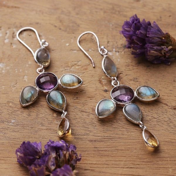 Alternate image for 8-Carat Multi-Gemstone Sterling Silver Dangle Earrings Celestial Drops