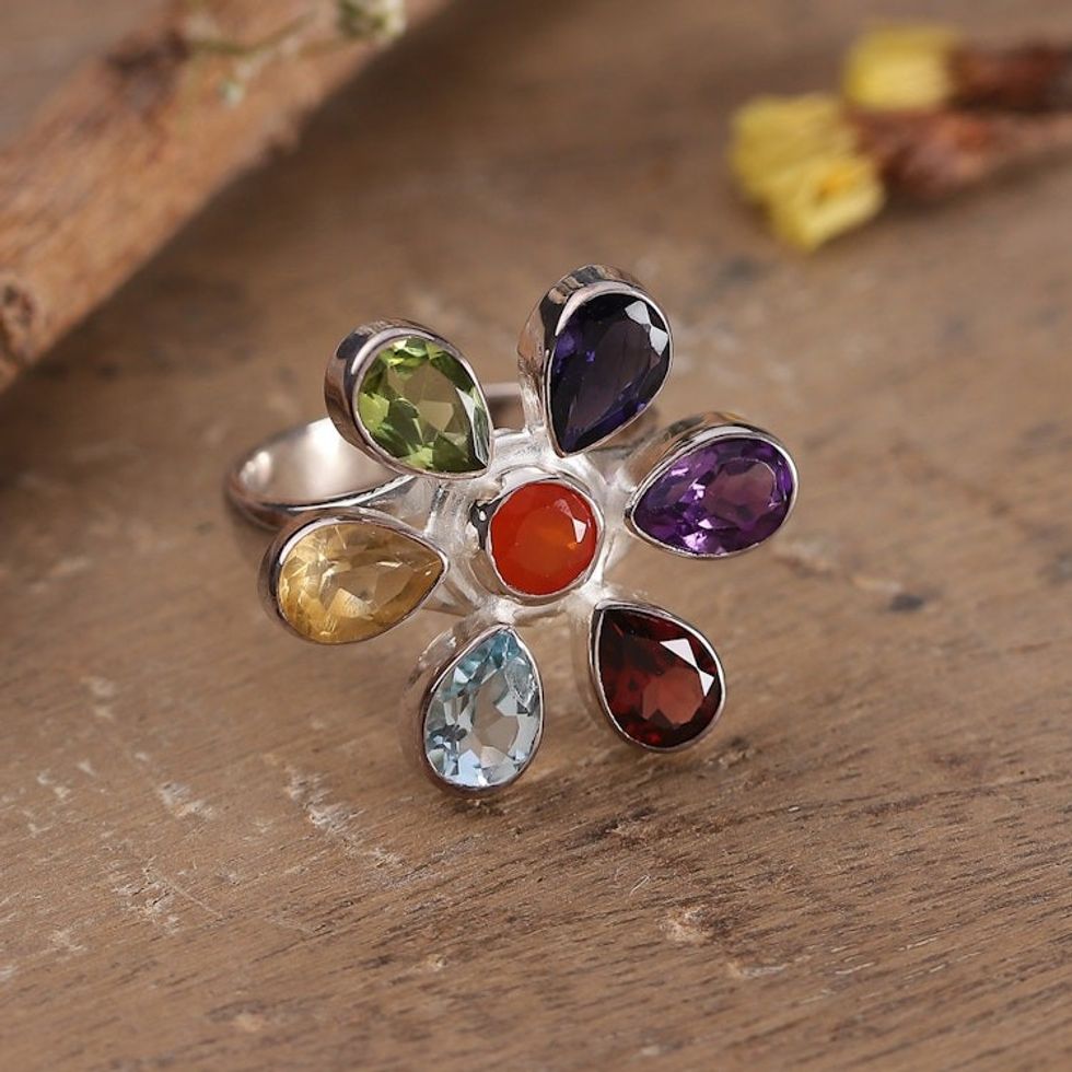 Chakra-Inspired Floral 4-Carat Multi-Gemstone Cocktail Ring 'Spiritual Petals'