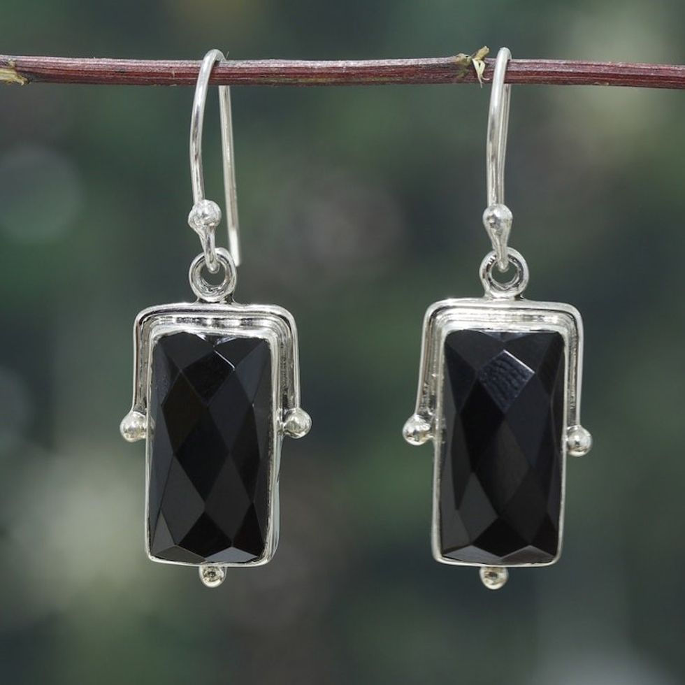 Traditional Sterling Silver and 8-Carat Onyx Dangle Earrings 'Power of Mystery'