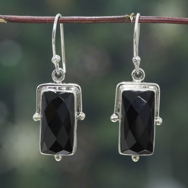 Alternate image for Traditional Sterling Silver and 8-Carat Onyx Dangle Earrings Power of Mystery