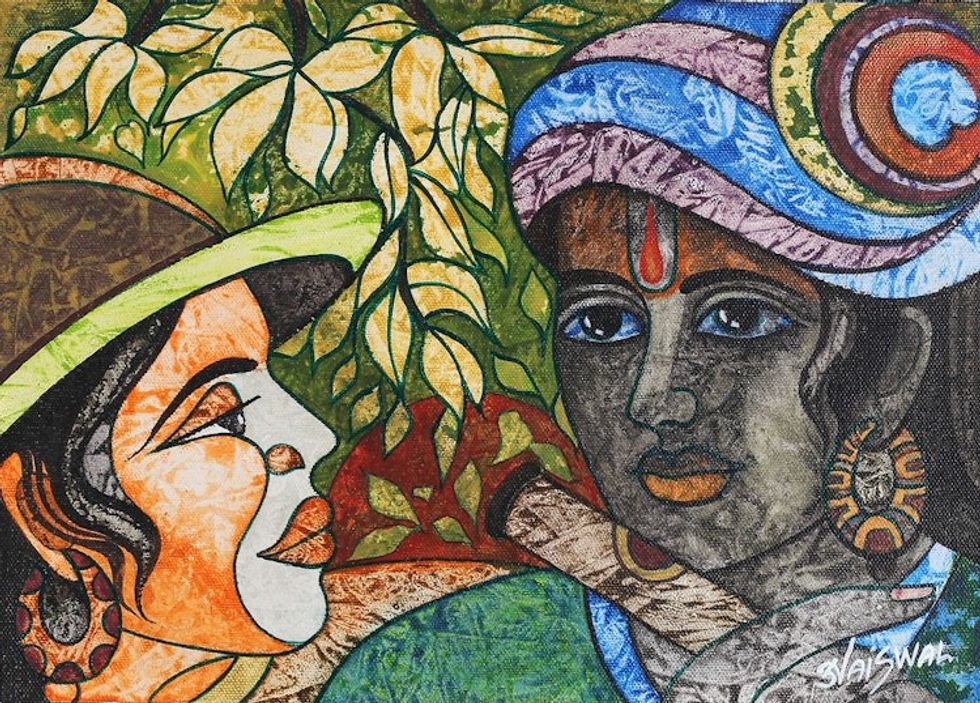 Traditional Acrylic on Canvas Krishna Painting from India 'Krishnas Melody'