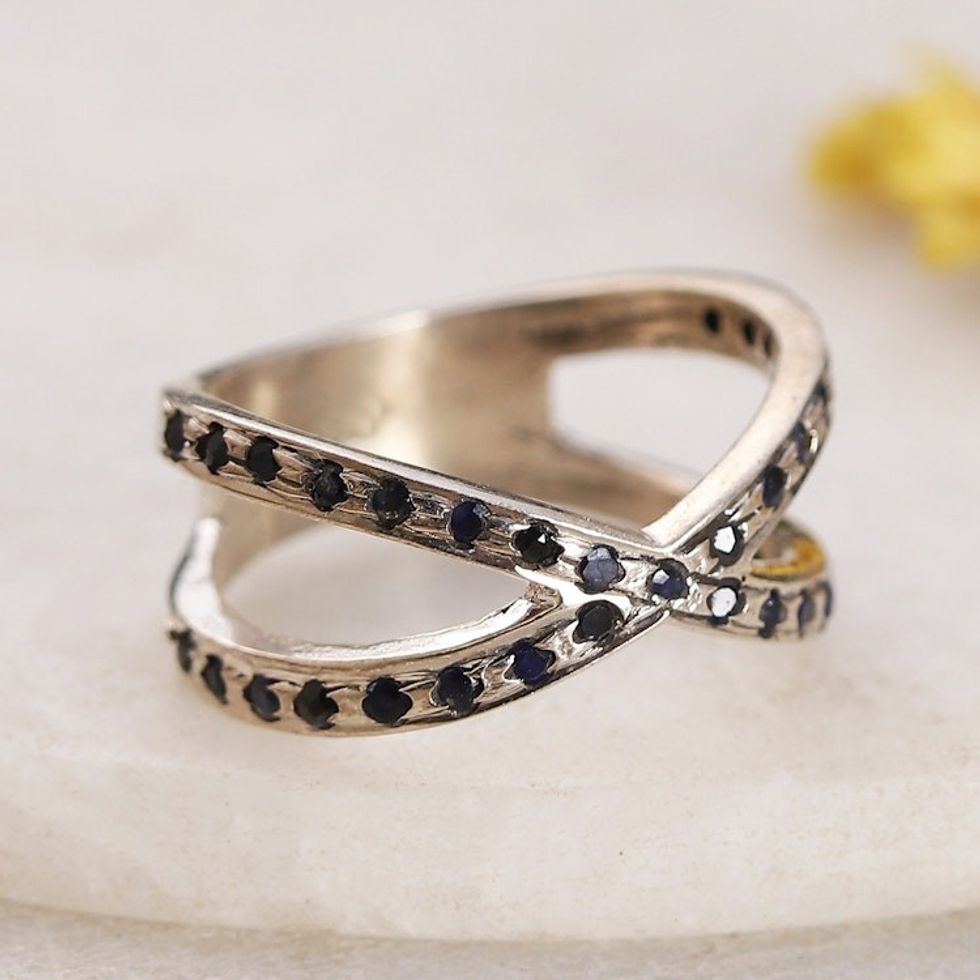 Polished Cocktail Ring with Pav-Set Faceted Sapphire Gems 'Faithful Cosmos'