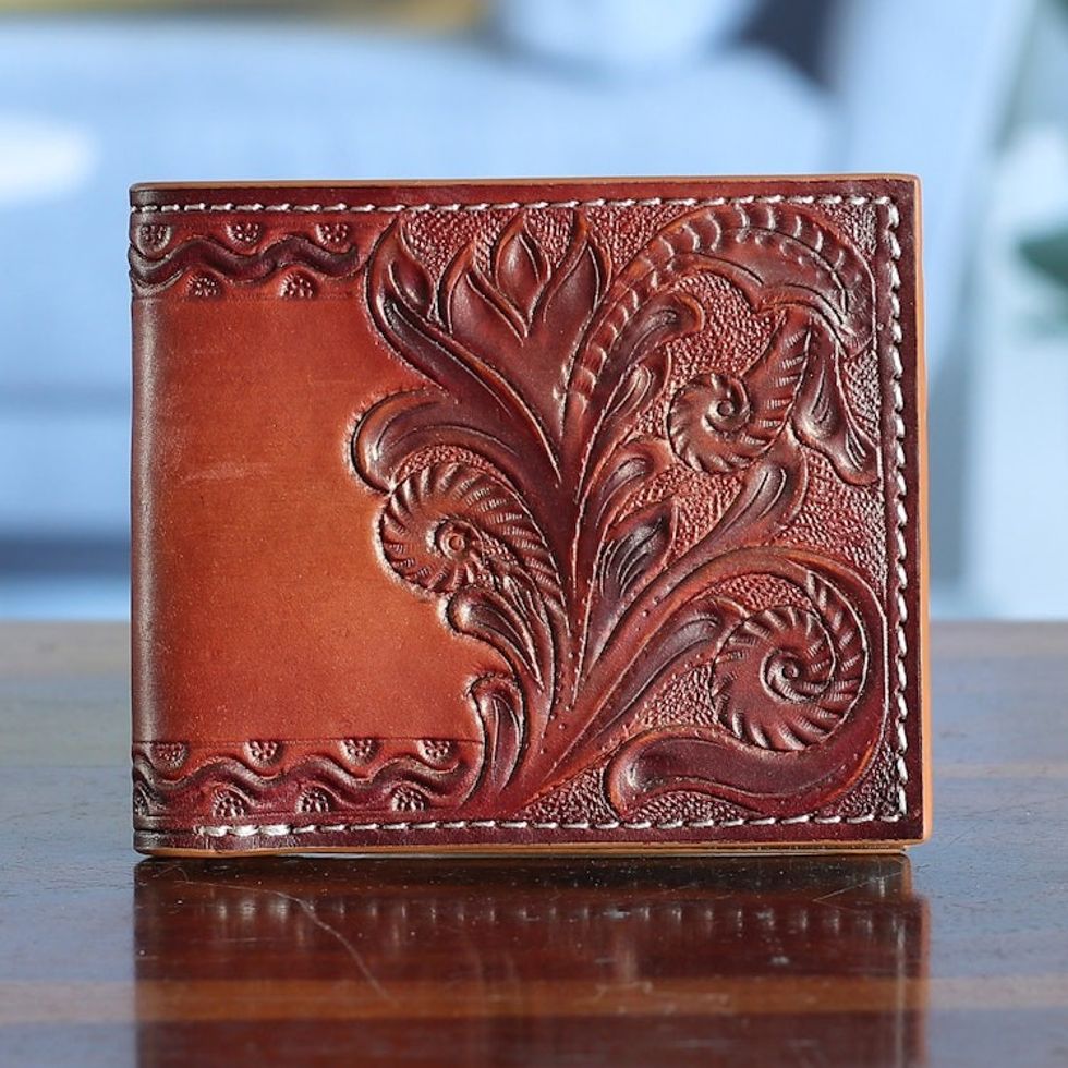 Bifold Leather Wallet with Hand-Tooled Swirling Vine Design 'Vintage Sienna'