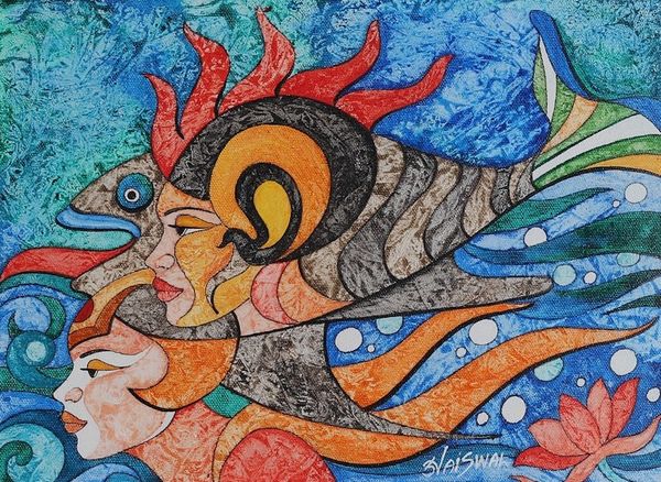 Alternate image for Sea Life-Themed Acrylic Painting of Deity Matsya from India Ripples of Time