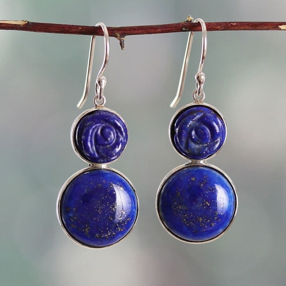 Textured Modern Lapis Lazuli Sterling Silver Dangle Earrings 'Mystic Blue'