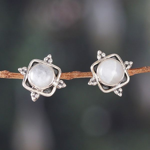 Alternate image for Natural Round Rainbow Moonstone Cabochon Button Earrings Harmony Marchioness
