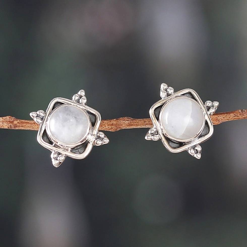 Natural Round Rainbow Moonstone Cabochon Button Earrings 'Harmony Marchioness'