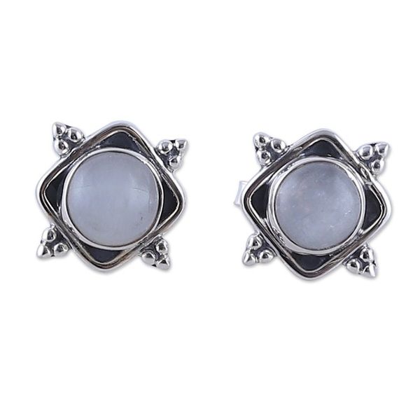Alternate image for Natural Round Rainbow Moonstone Cabochon Button Earrings Harmony Marchioness