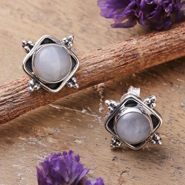 Alternate image for Natural Round Rainbow Moonstone Cabochon Button Earrings Harmony Marchioness