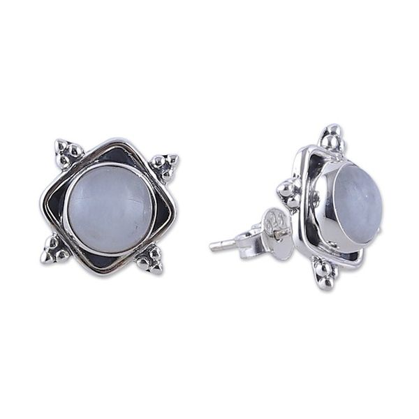 Alternate image for Natural Round Rainbow Moonstone Cabochon Button Earrings Harmony Marchioness