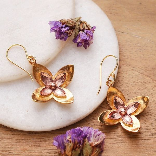 Alternate image for High-Polished Indian-Made Lotus-Themed Brass Dangle Earrings Sublime Lotus