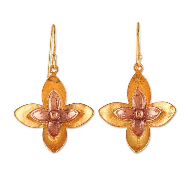 Alternate image for High-Polished Indian-Made Lotus-Themed Brass Dangle Earrings Sublime Lotus
