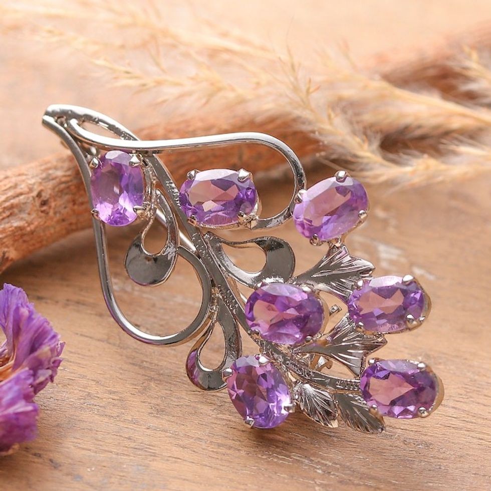 Rhodium-Plated Spring-Themed 7-Carat Amethyst Brooch Pin 'Lavish Bouquet'