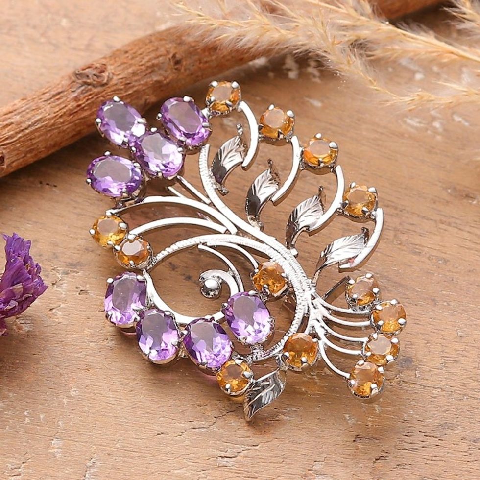 Floral 11-Carat Amethyst Citrine Rhodium-Plated Brooch Pin 'Blossoming Fantasy'
