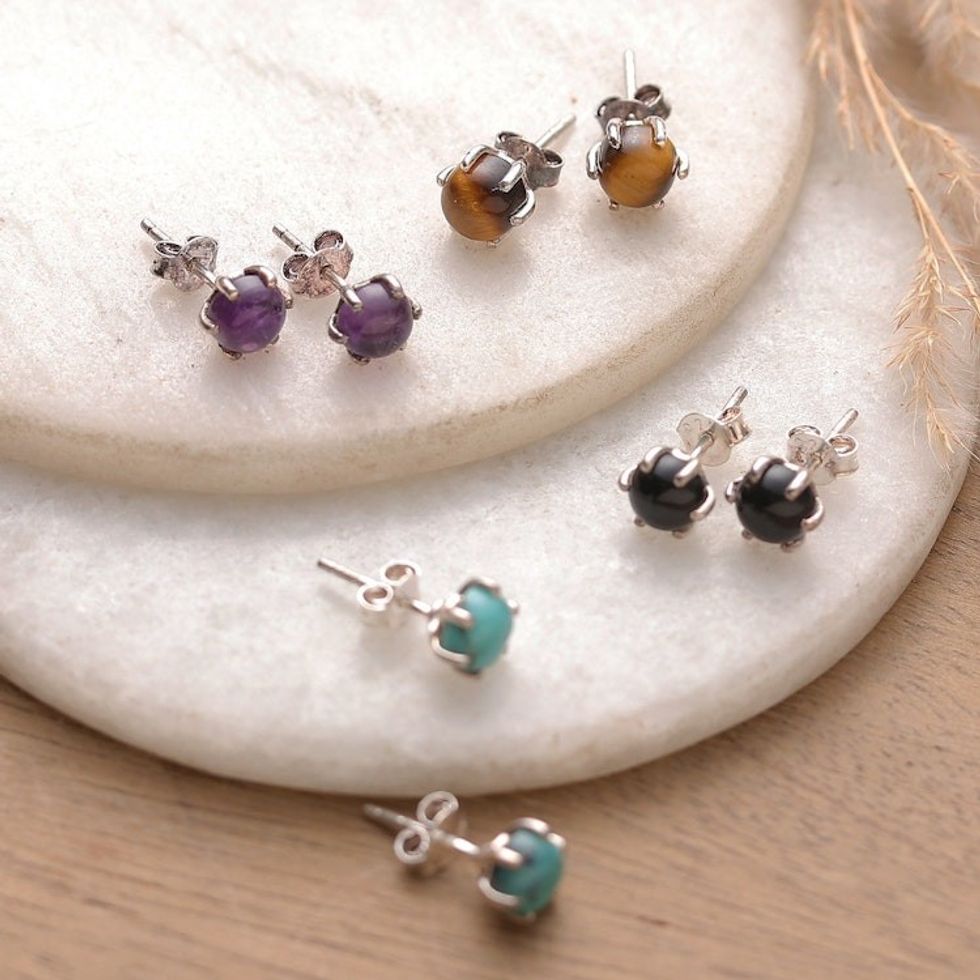 4 Multi-Gemstone Silver Stud Earrings with Suede Pouch 'Exquisite Collection'