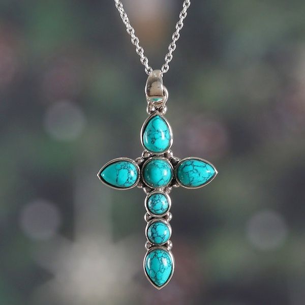Alternate image for Cross-Shaped Reconstituted Turquoise Stone Pendant Necklace Sacred Paradise